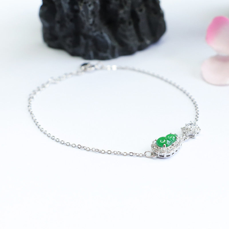 Sterling Silver Bracelet with Natural Jadeite Ice King Green Gourd