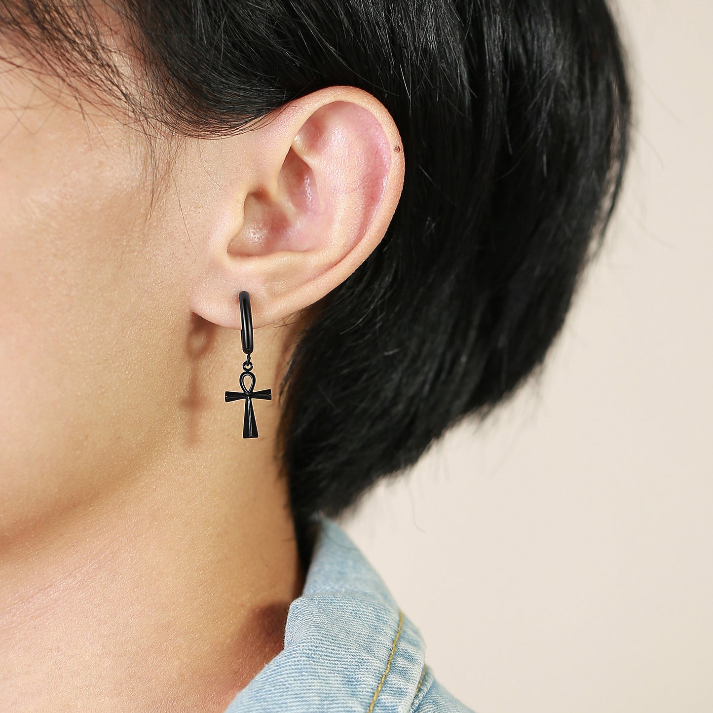 Stainless Steel Anka Cross Black Earrings Men's Fashion