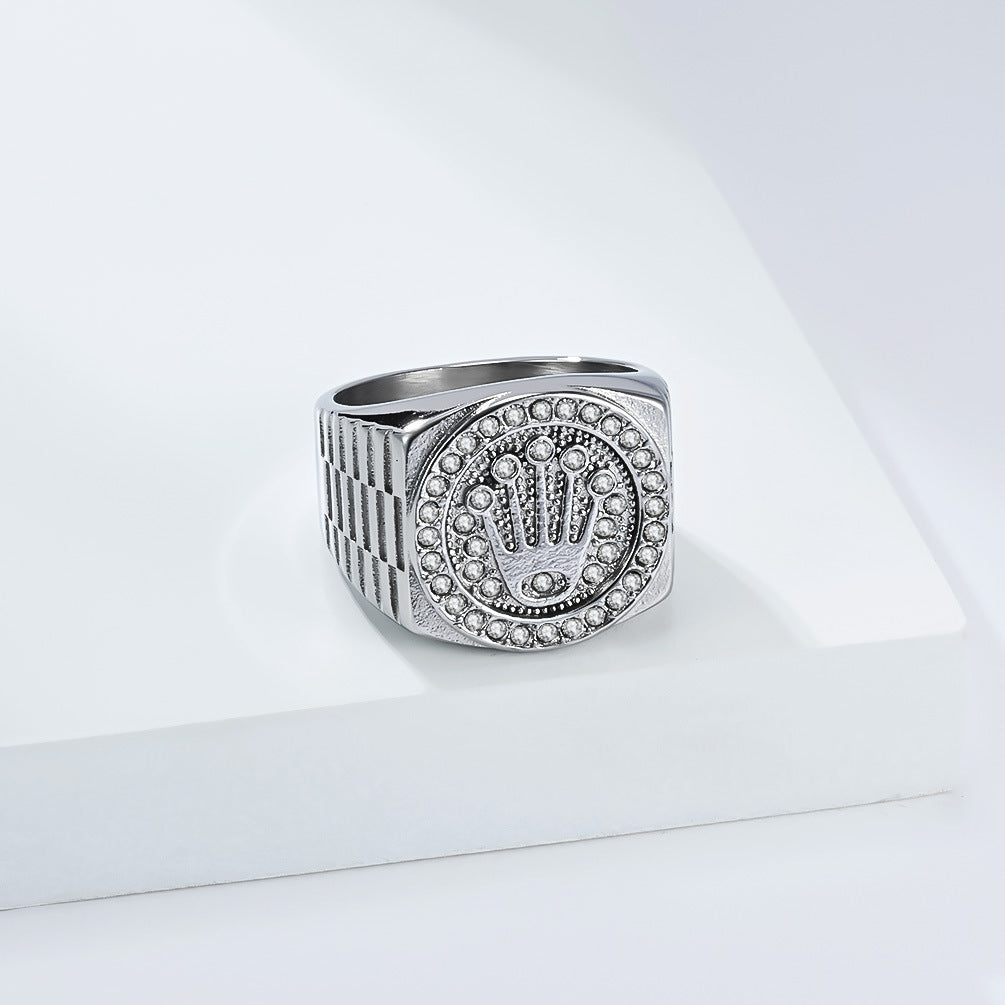 Planderful Titanium Steel Crown Ring For Men Zircon Inlaid Domineering Hip Hop Style