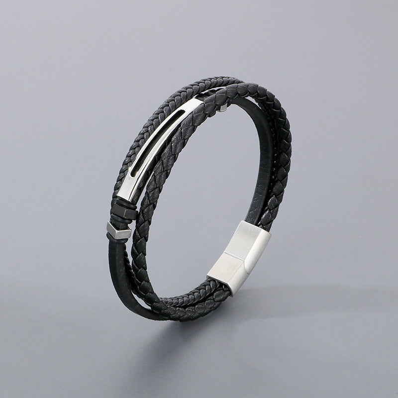 Planderful Stainless Steel Leather Rope Bracelet Men Black