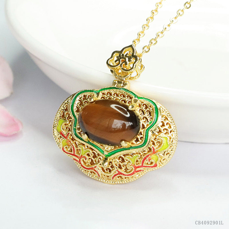 Yellow Tiger Eye Enamel Ruyi Pendant — No Chain