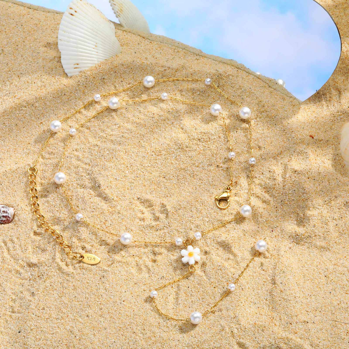 Girls Sweet Wind Stainless Steel Size Imitation Pearl Flower Y-Shaped Necklace – Wind