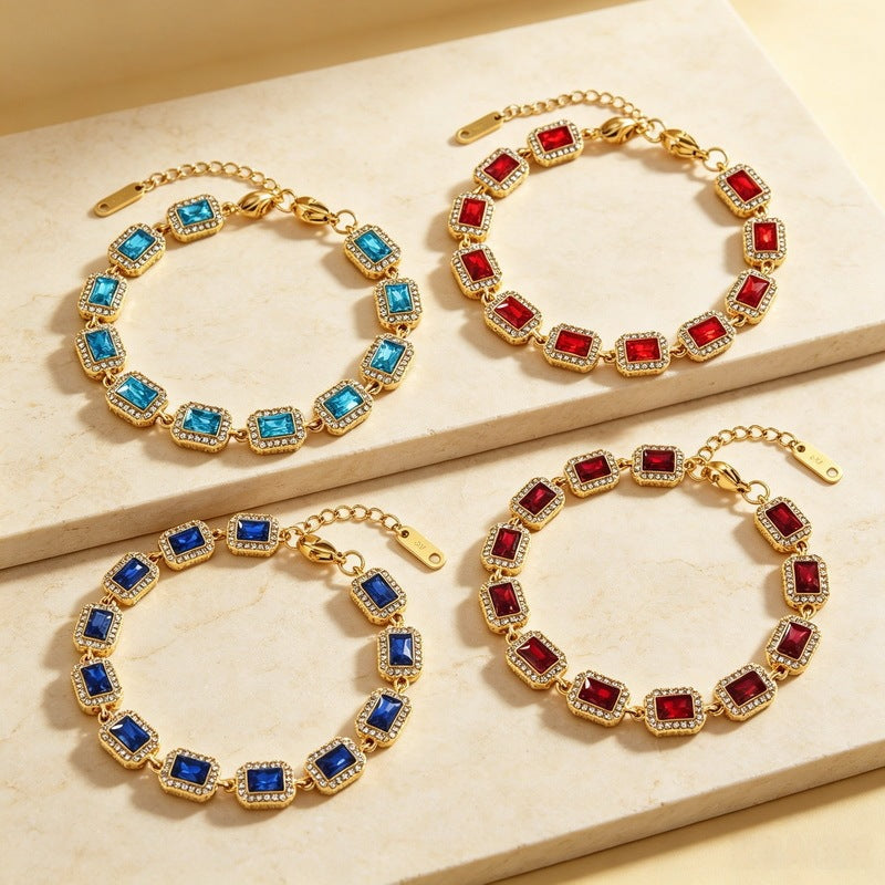 Color Surrounding Square Zircon Stainless Steel Bracelet Palace Style Adjustable