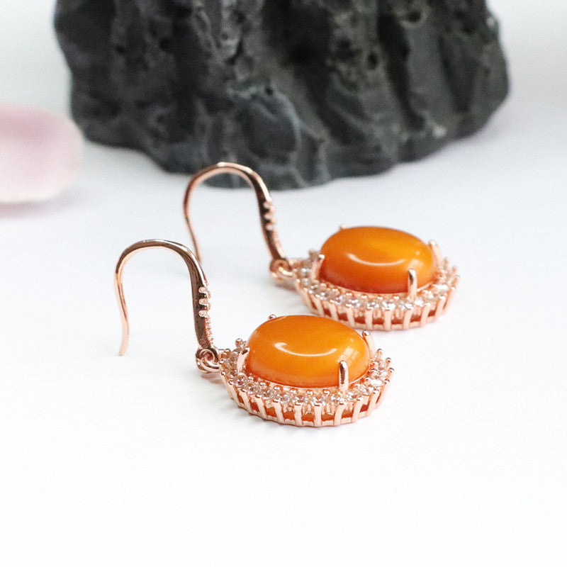 925 Sterling Silver Red Beeswax Amber Drop Earrings
