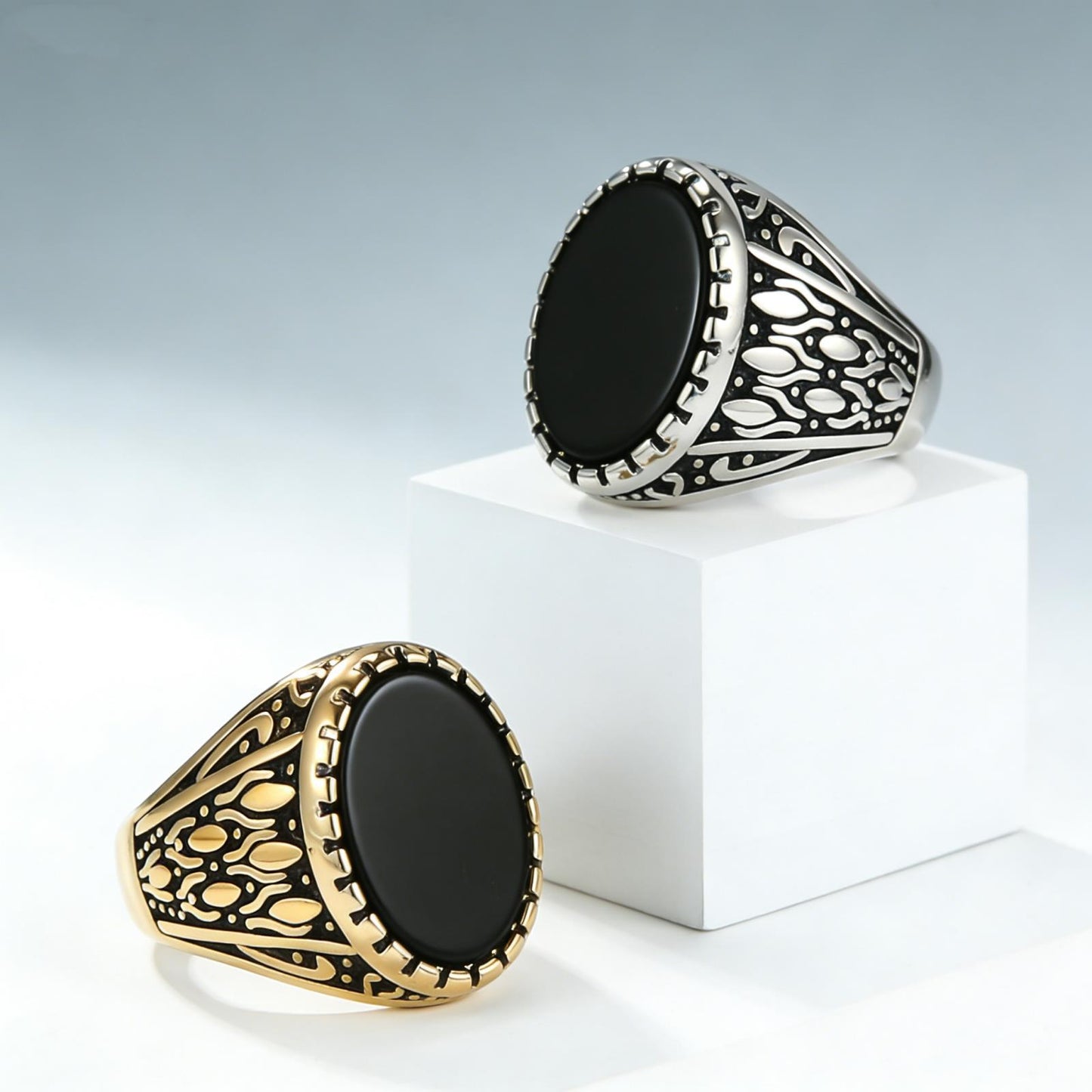 Planderful Mens Titanium Steel Ring With Black Stone Retro Punk Style HighEnd For Men Durable
