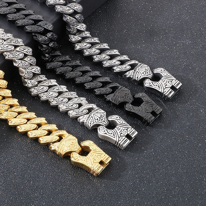 Planderful Mens Titanium Steel Bracelet Tang Grass Pattern