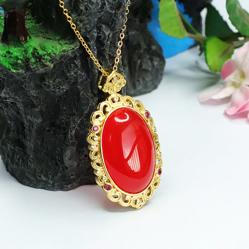Ice Blood Oval Red Agate Pendant