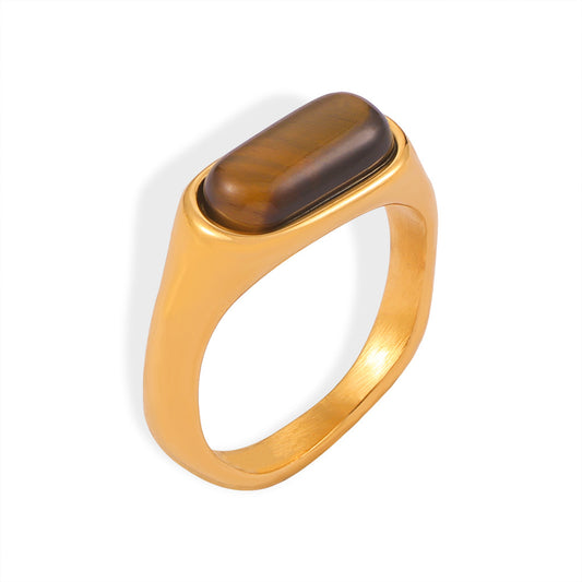 Tiger's Eye Geometric Titanium Steel Ring with Gold Plating