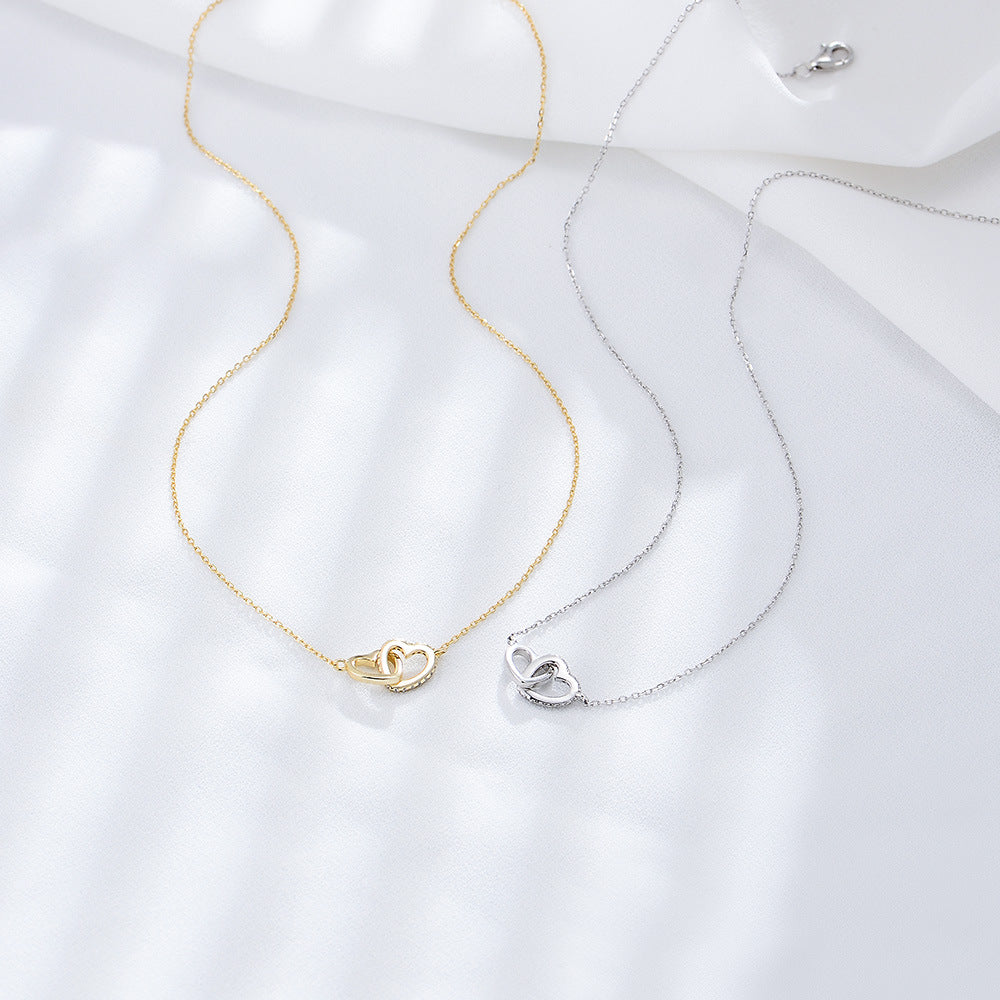 S925 Sterling Silver Zircon Love Interlocking Necklace Korean Version Classic Heart-Shaped Versatile Necklace