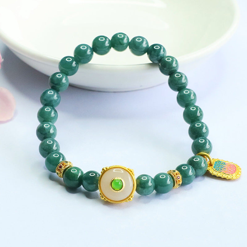 Blue Water Jadeite Script-Accent Beaded Bracelet