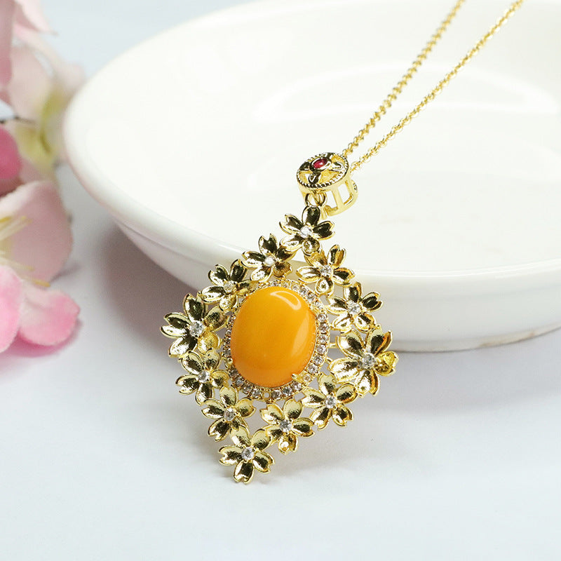 Floral Beeswax Amber Pendant Necklace with Sterling Silver Chain
