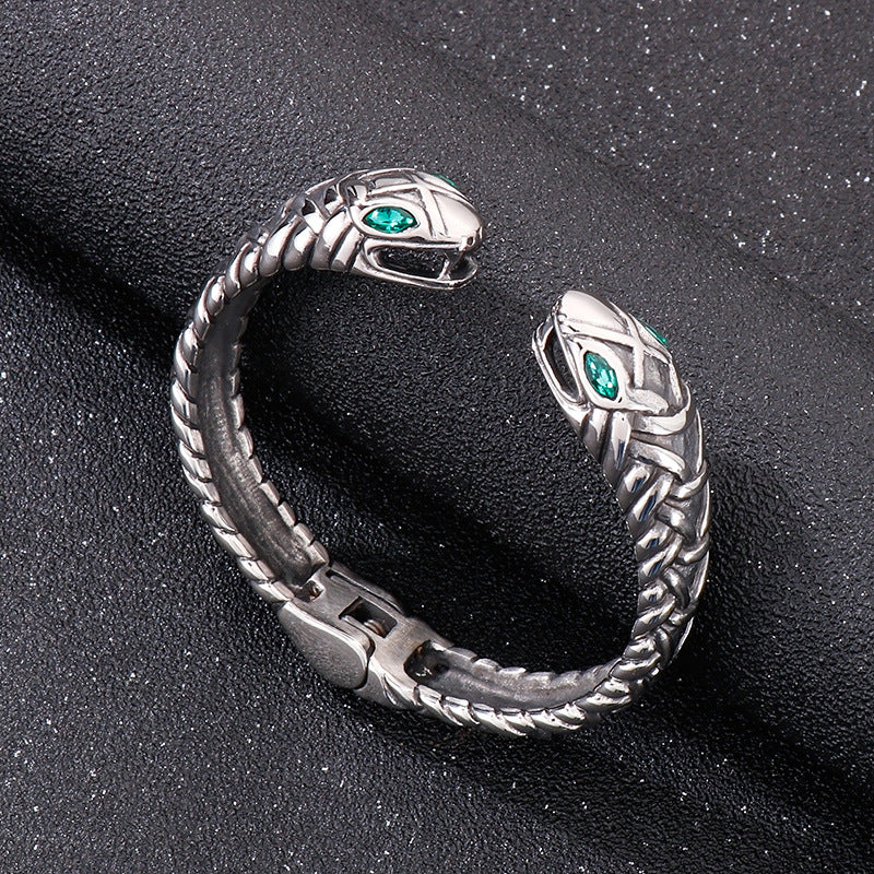Rock Hip-Hop Zircon-Inlaid Double Snake Opening Titanium Steel Men's Bracelet