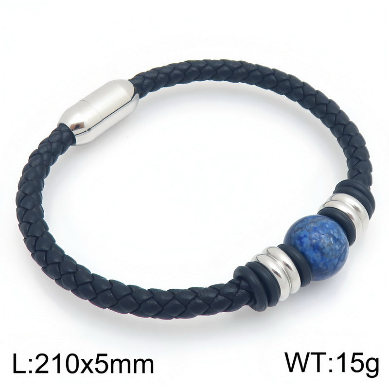 Woven Leather Rope Bracelet Tiger's Eye Stone Lapis Lazuli Magnetic Buckle Stainless