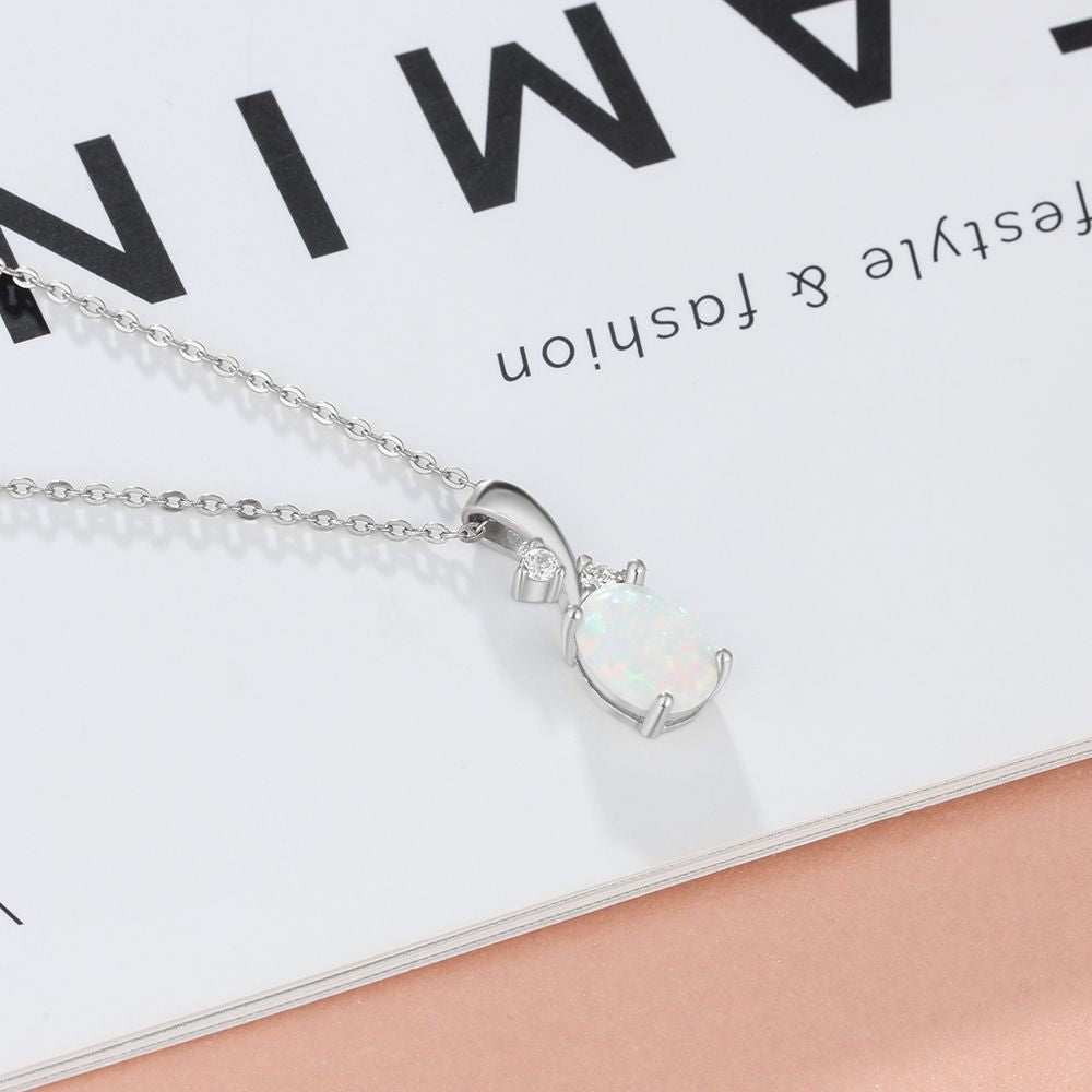 Planderful Jewelry Opal Pendant Necklace in Sterling Silver S925 With CZ Zircon and European Style