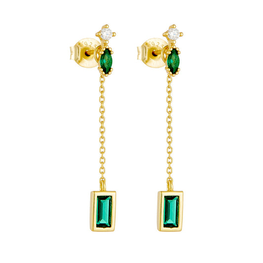 Planderful Emerald Zircon Earrings S925 Sterling Silver Long Chain Fringe For Women Elegant Luxury