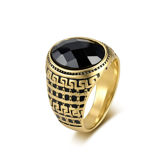 Great Wall Textured Oval Black Gemstone Stainless Steel Men's Ring Stainless Steel Seal
