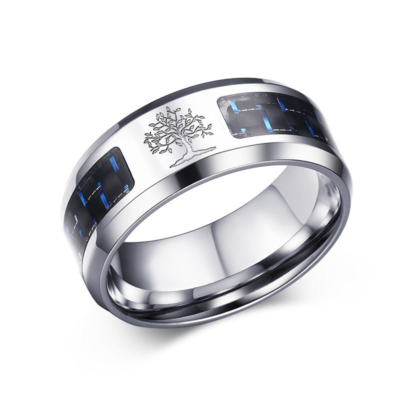 Face Width 8MM Stainless Steel Men's Ring Blue Black Carbon Fiber
