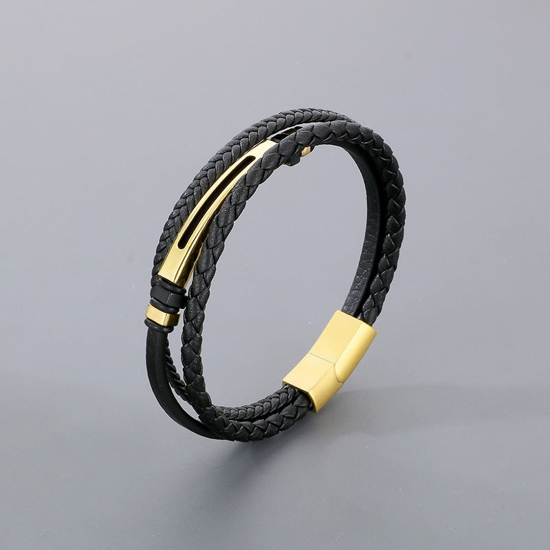 Multi-Layer Leather Rope Bracelet – Black Woven Leather Layered Stainless Steel