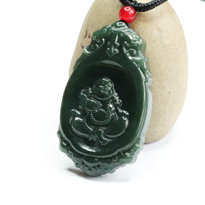 Natural Hotan Jade Jade Pendant Dark Green Oval Buddha Pendant Jewelry