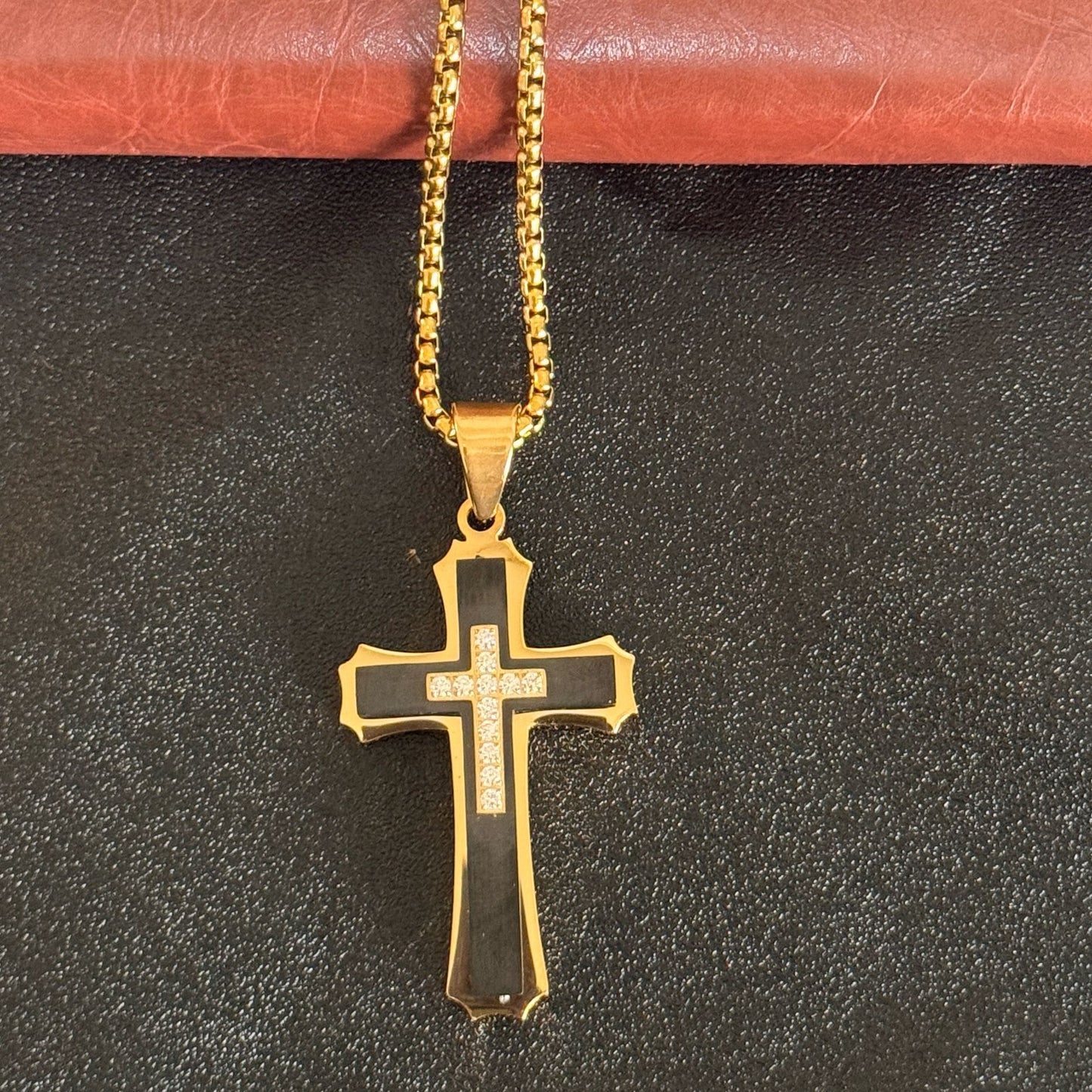 Planderful Titanium Steel Cross Pendant With Zircon Inlay 3D Three Layer Mens Stainless Necklace Punk European Style