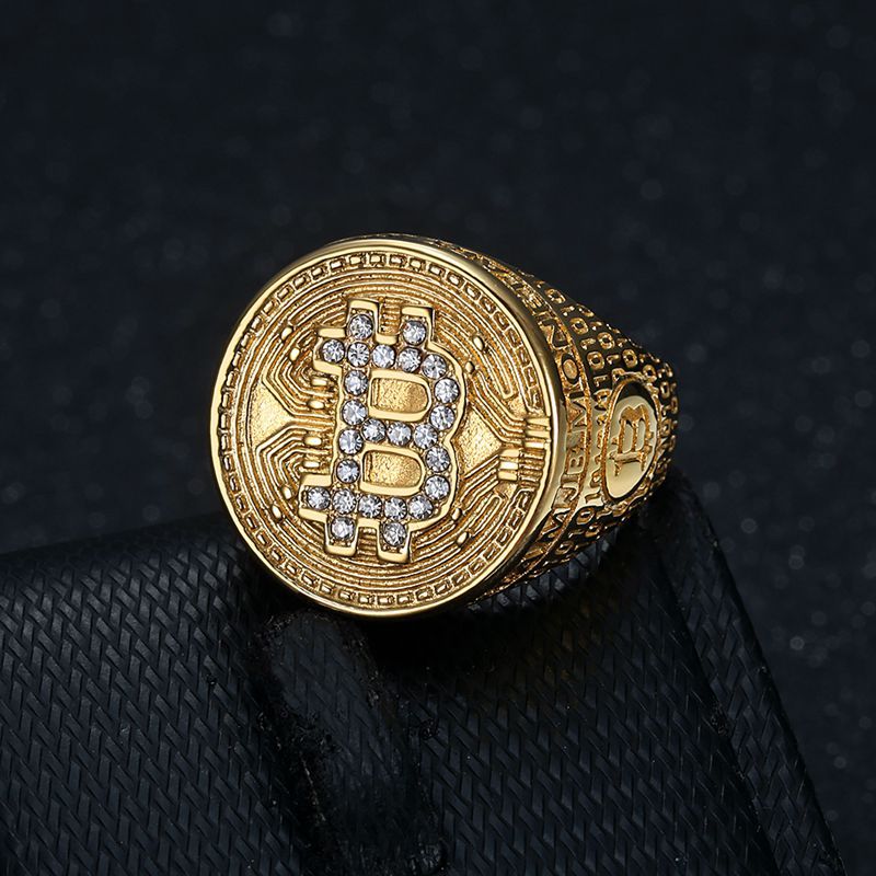 Planderful Hip Hop Ring Titanium Steel Gold Plated Zircon Bitcoin Theme For Men Bold Style