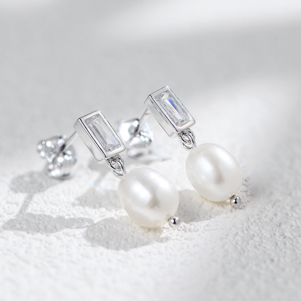 Planderful S925 Sterling Silver Natural Freshwater Pearl Earrings For Women With Luxurious Rectangular Zircon Accents