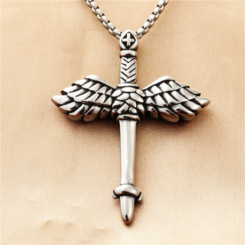 Titanium Steel Winged Sword Cross Pendant Necklace for Men - Retro Punk Style