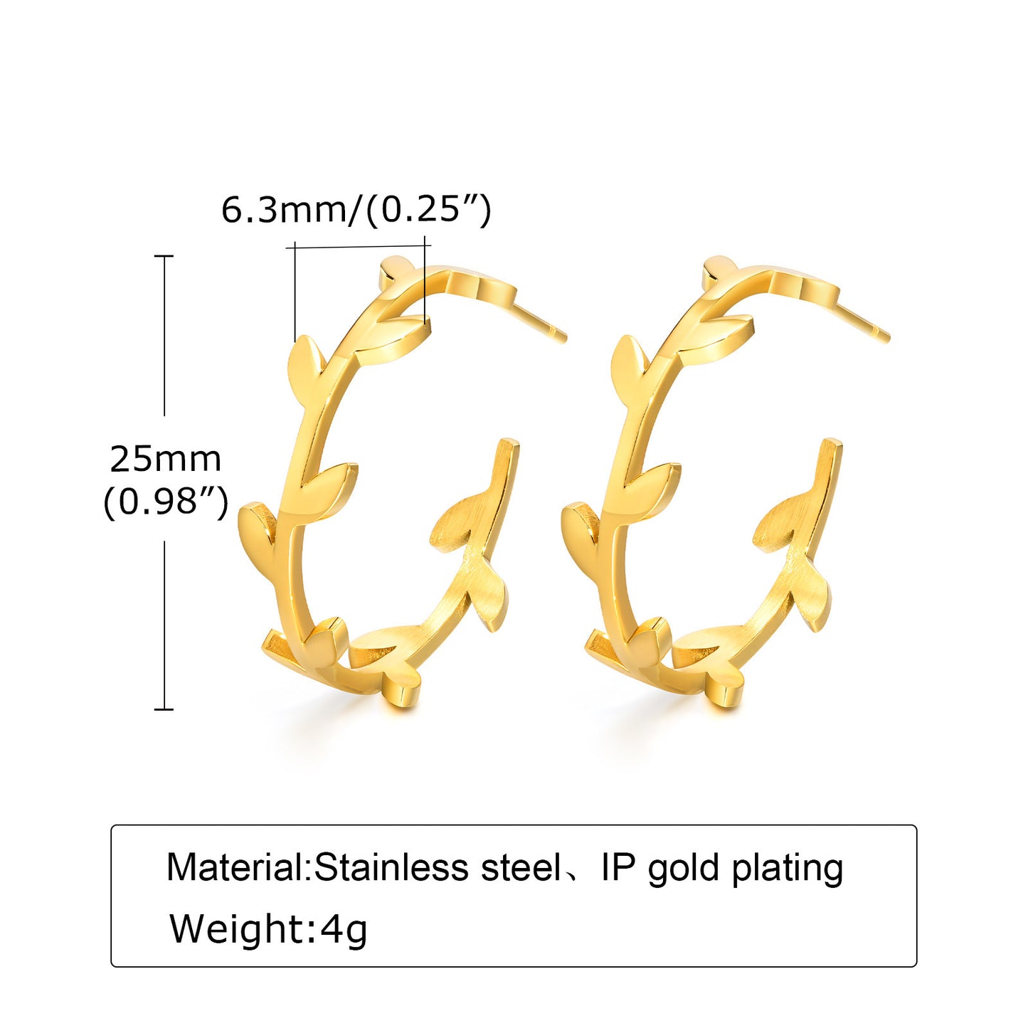 Stainless Steel Leaf C-Shaped Earrings Gold Women Jewelry