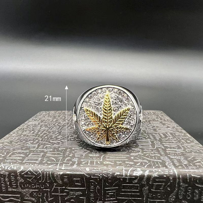Planderful Collection Hip Hop Titanium Steel Ring For Men Gold Maple Leaf Rhinestone Cross