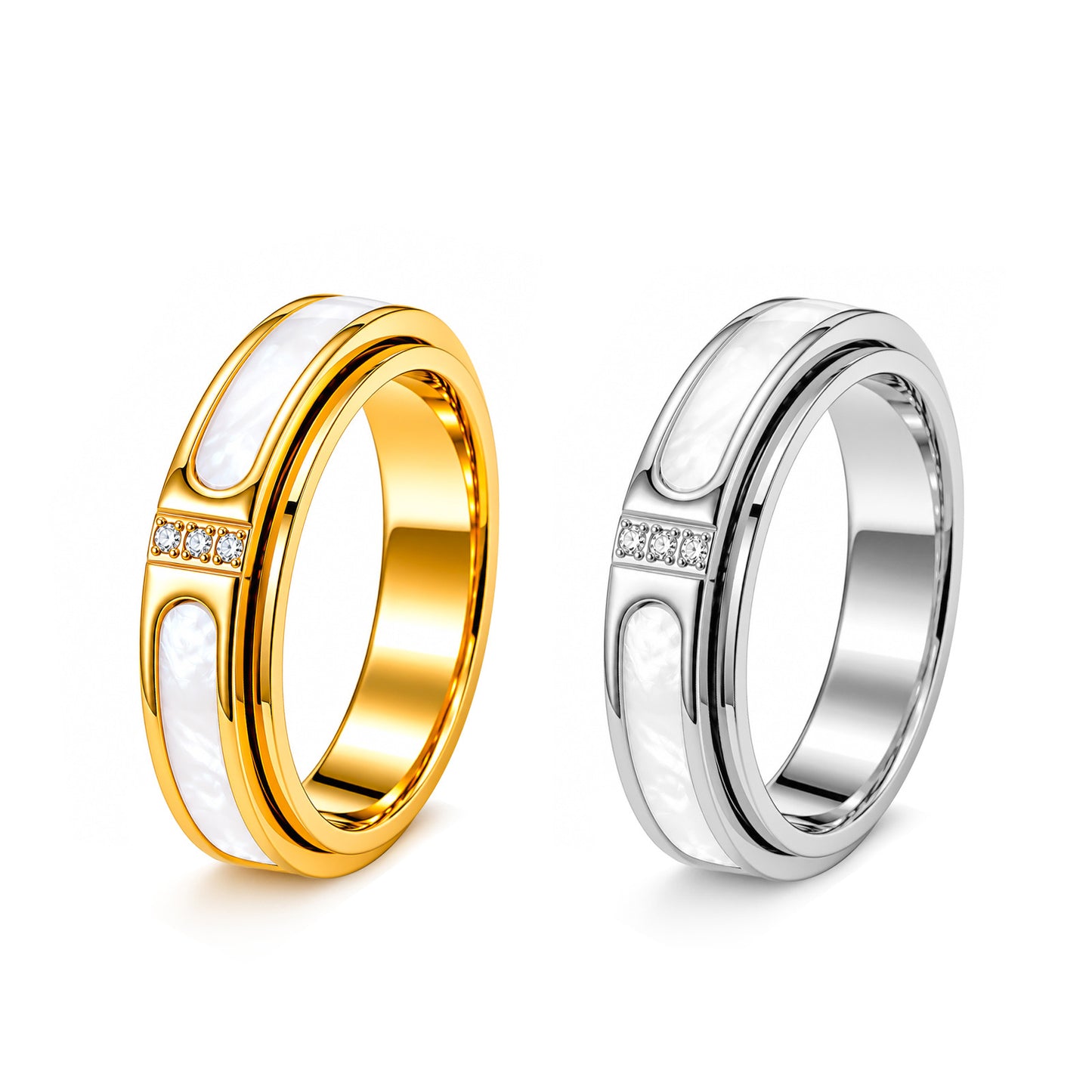 Planderful Everyday Genie Stainless Steel Rotatable Ring With White Mother Of Pearl Inlay Zircon Unisex Couple Jewelry