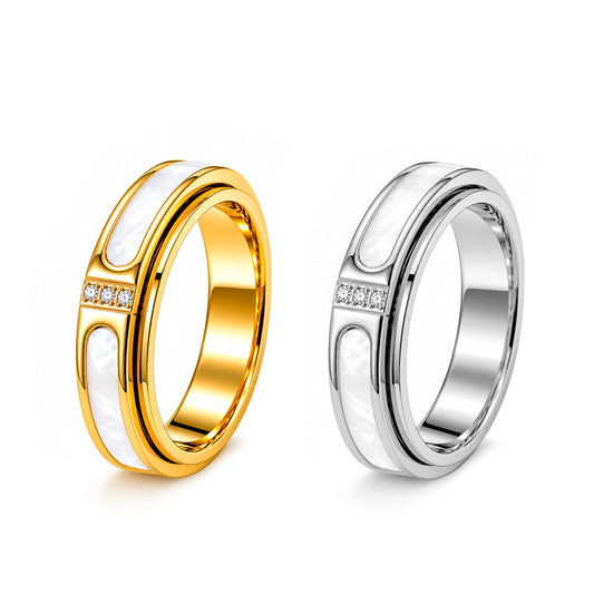 Planderful Everyday Genie Stainless Steel Rotatable Ring With White Mother Of Pearl Inlay Zircon Unisex Couple Jewelry