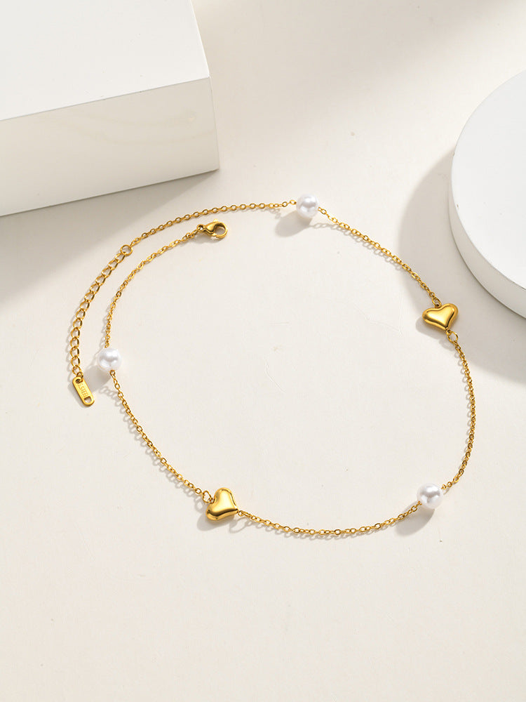 Stainless Steel Women's Style Imitation Pearl Heart Shape Stackable Necklace Gold