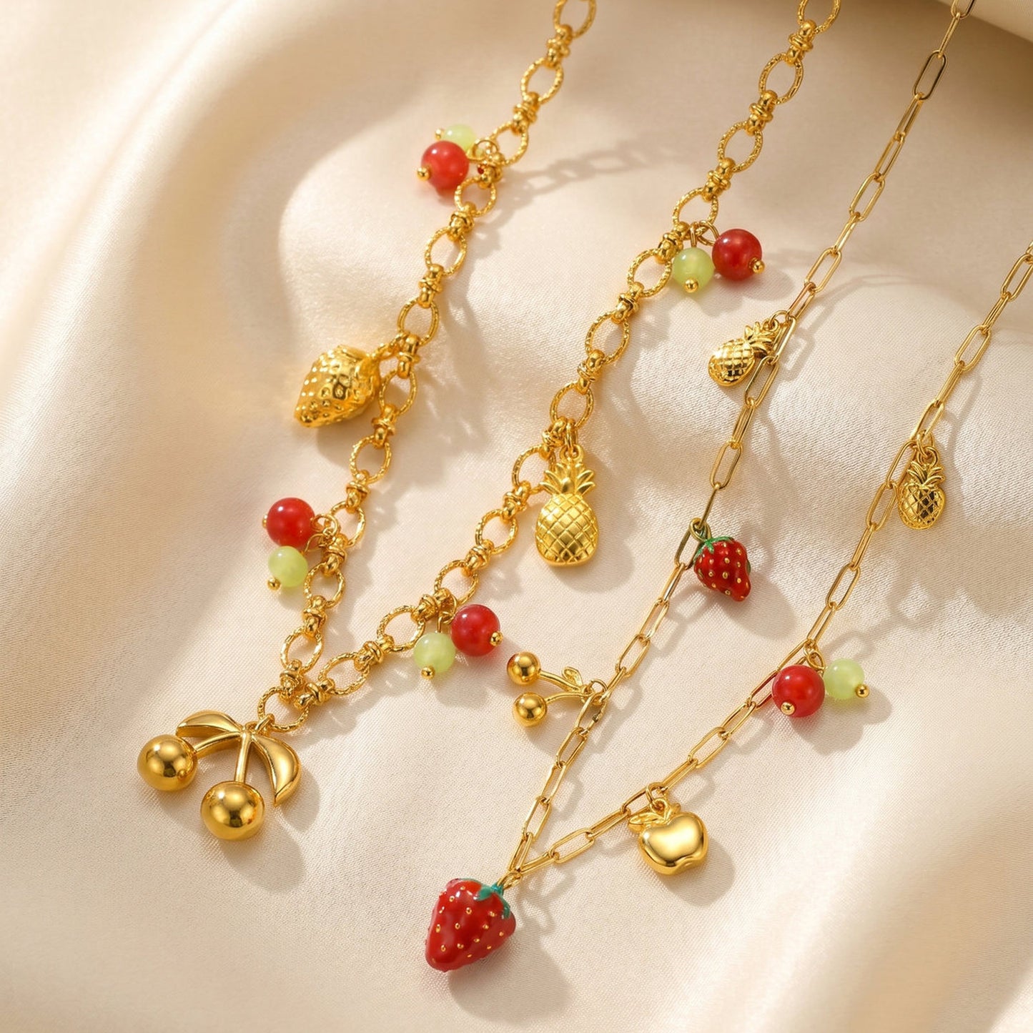 Stainless Steel Vacation Wind Sweet Strawberry Cherry Pineapple Necklace Multi-Element