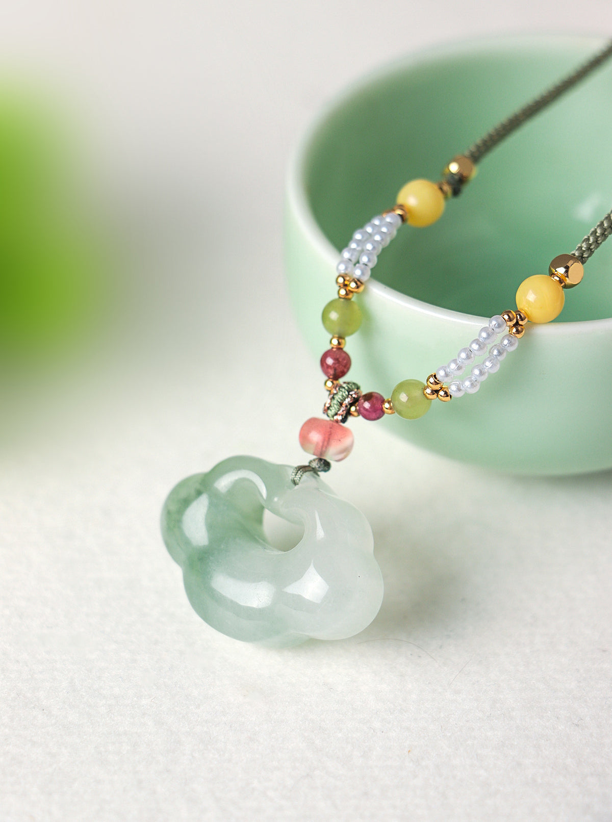 Agate Jade Pearl Ruyi Lock Pendant Necklace