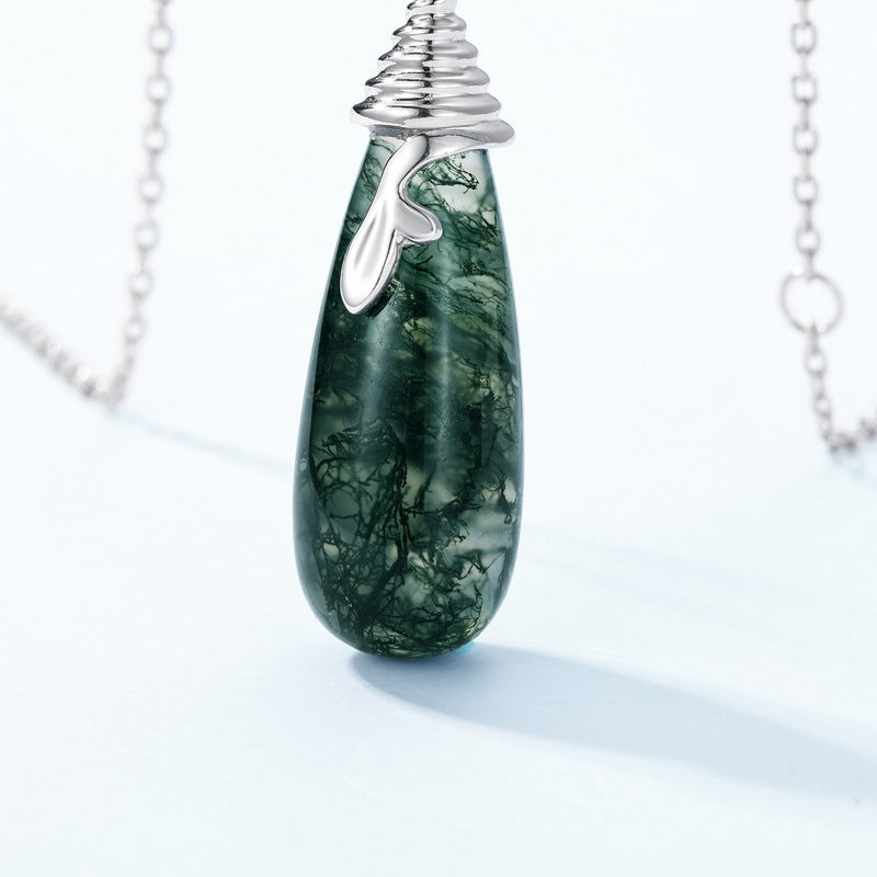 S925 Sterling Silver Moss Agate Pendant Necklace