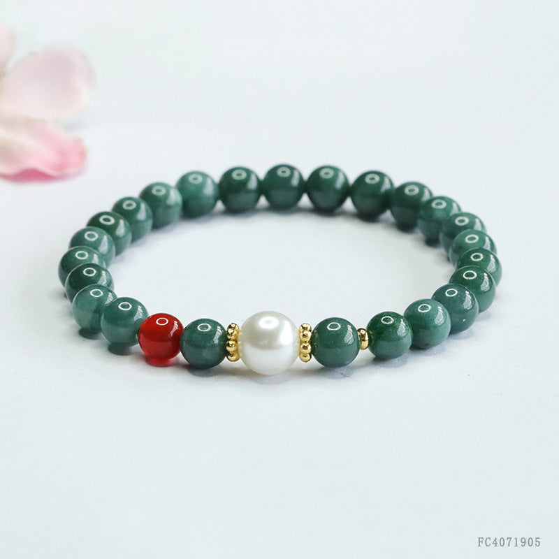 Blue Water Jadeite Round Bead & Agate Beaded Bracelet
