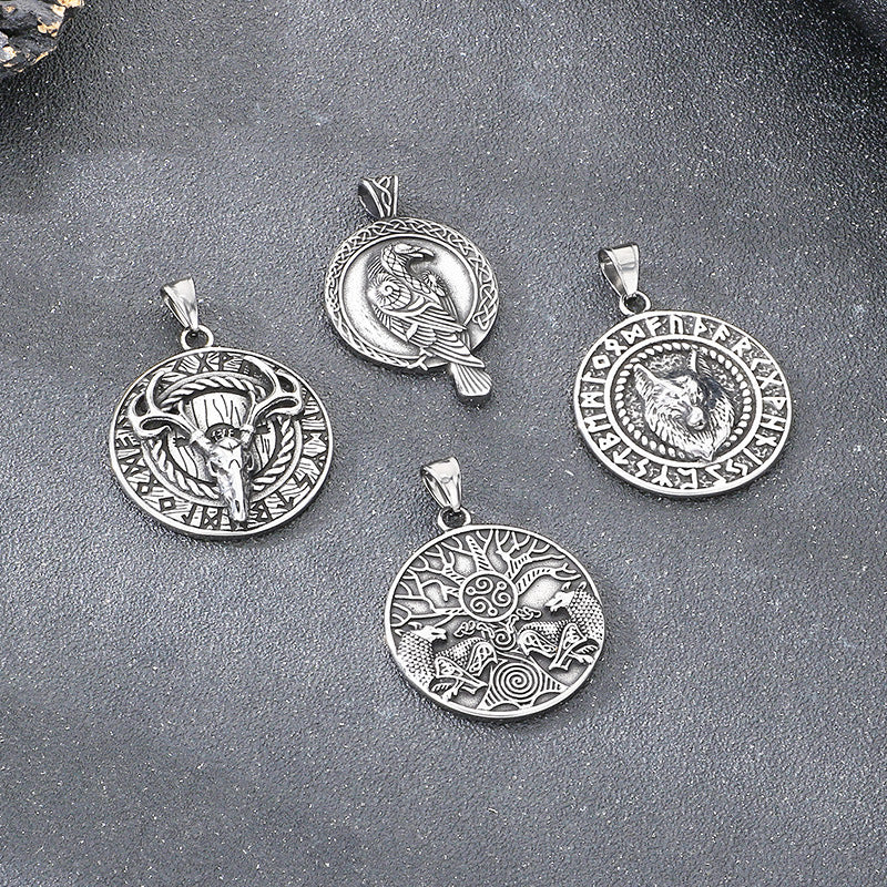 Viking Mythology World Tree Double Wolf Disc Pendant, Nordic Luhn Rune Crow Deer Necklace