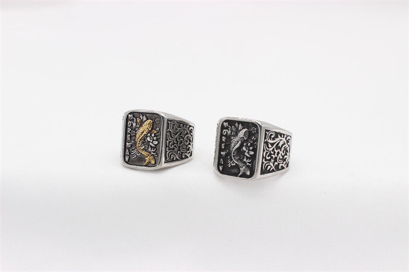 Planderful Everyday Genie Titanium Steel Ring Unisex Retro Carp Motif Durable Gift for Men and Women