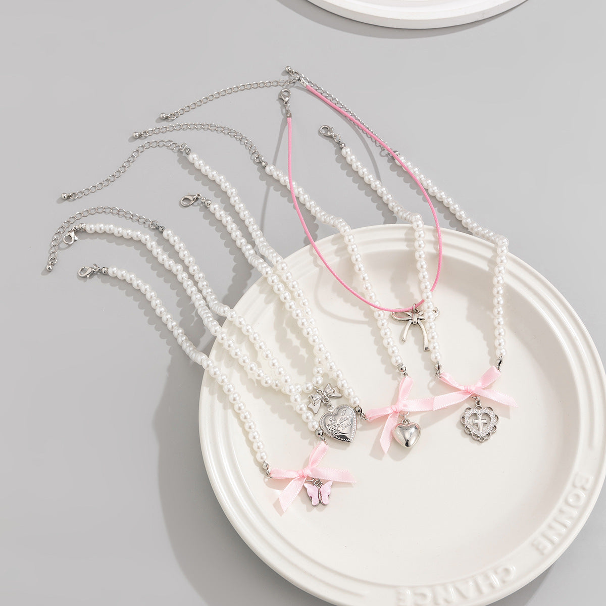 Butterfly Heart & Pearl-Style Layered Necklace