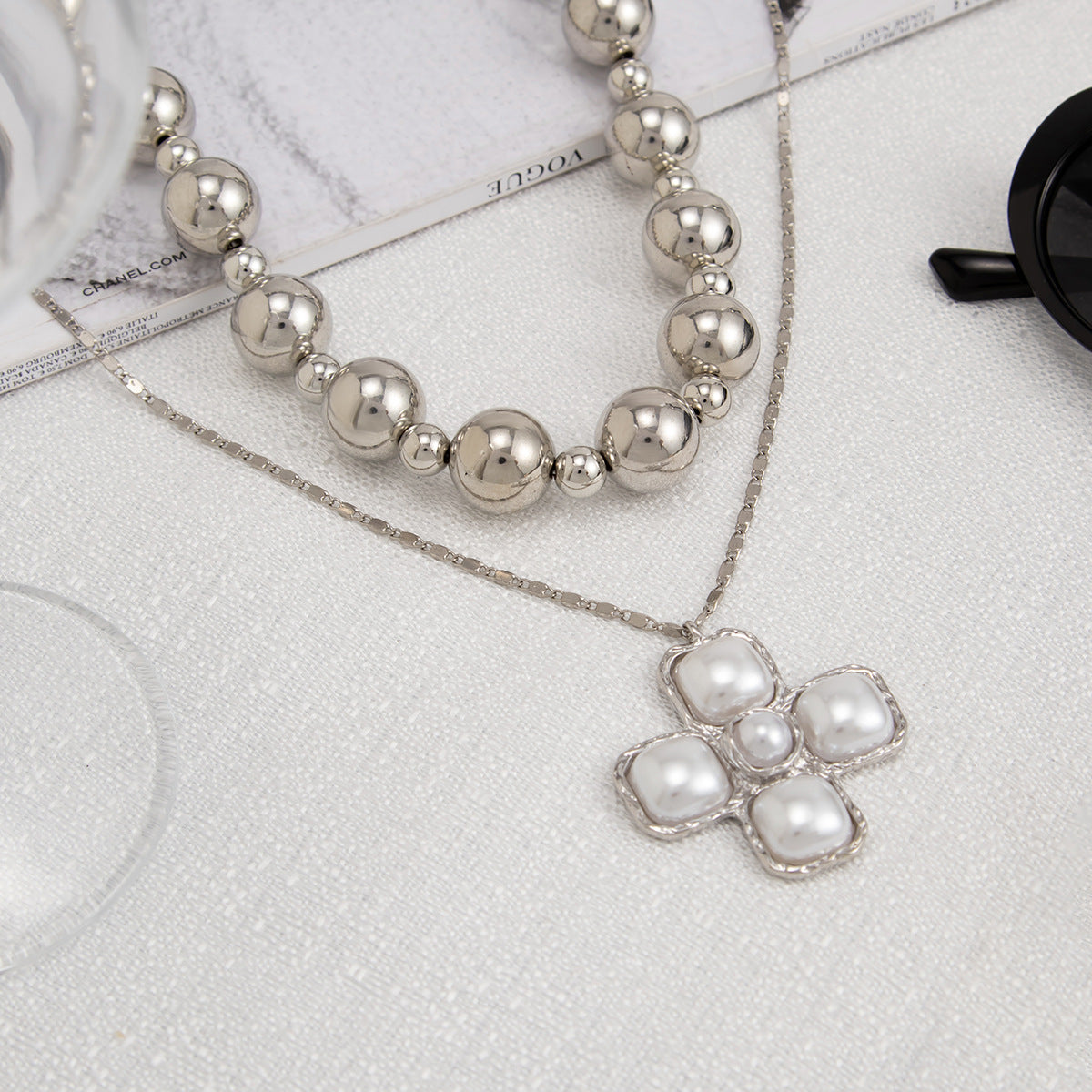 Bold Bead & Cross Double-Layer Necklace