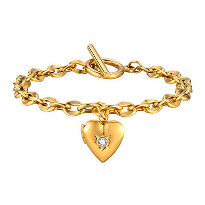 Stainless Steel Lip Chain – Zircon Heart-Shaped Iot Buckle Box – Gold Bracelet