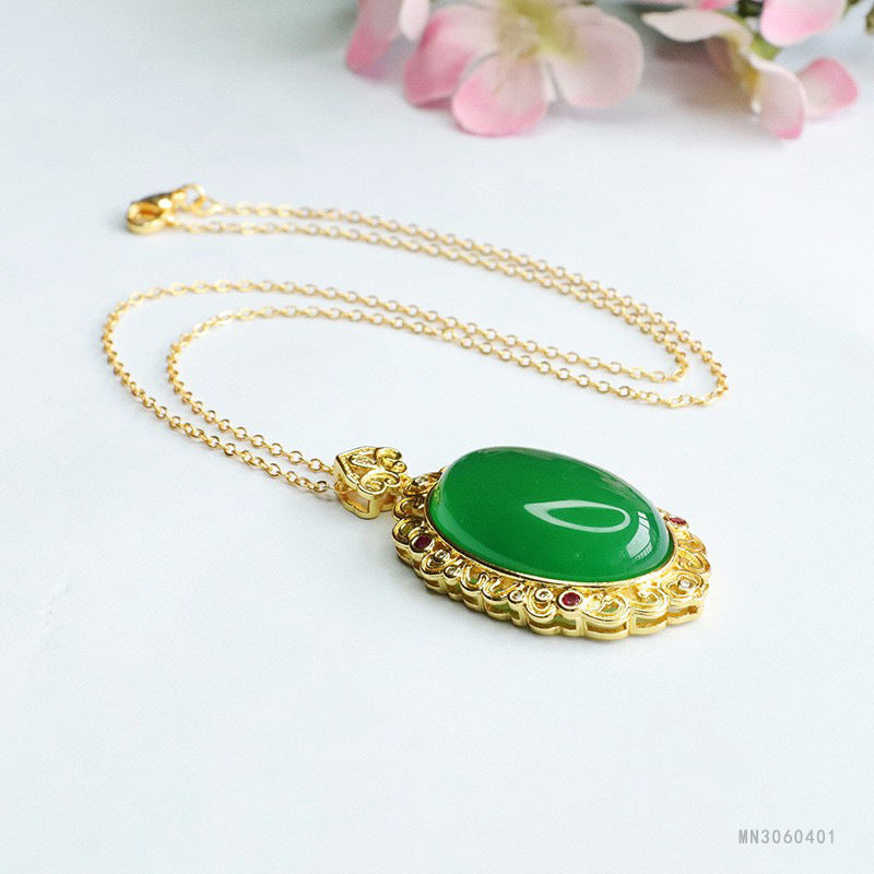 Green Chalcedony Cloud Oval Pendant — No Chain