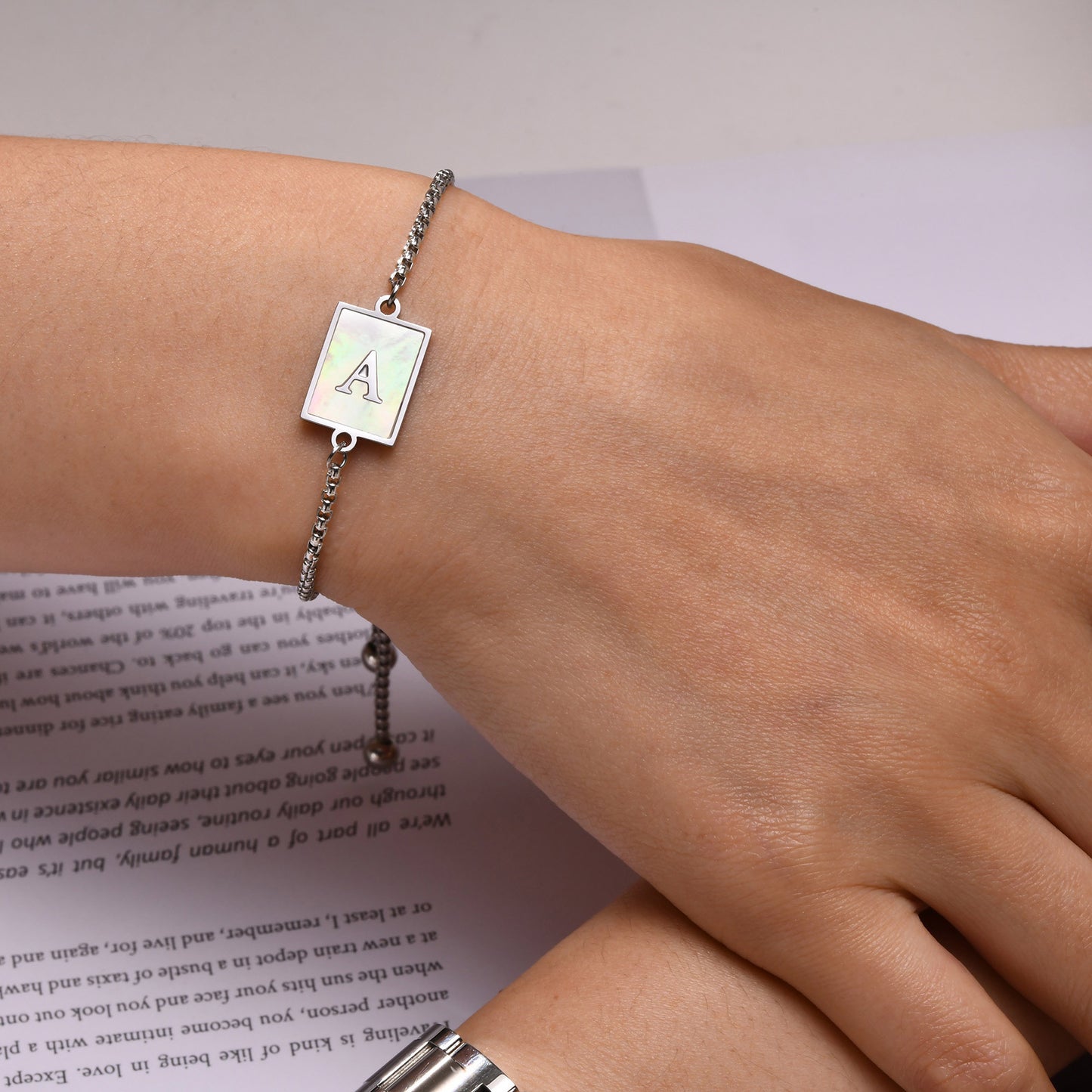 Stainless Steel Shell Letter Square Pearl Chain Ladies Bracelet
