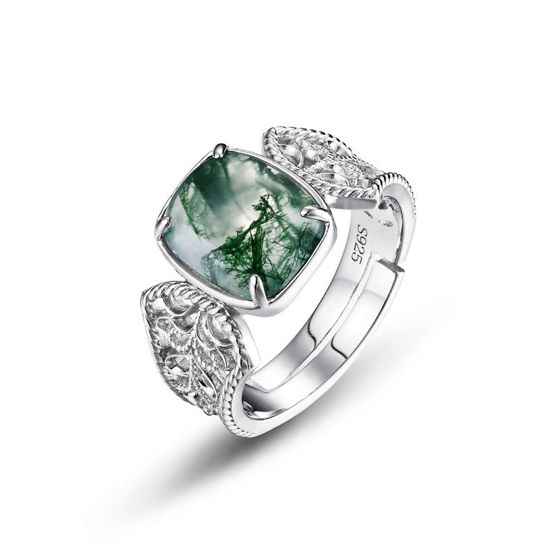 S925 Sterling Silver Moss Agate Adjustable Ring
