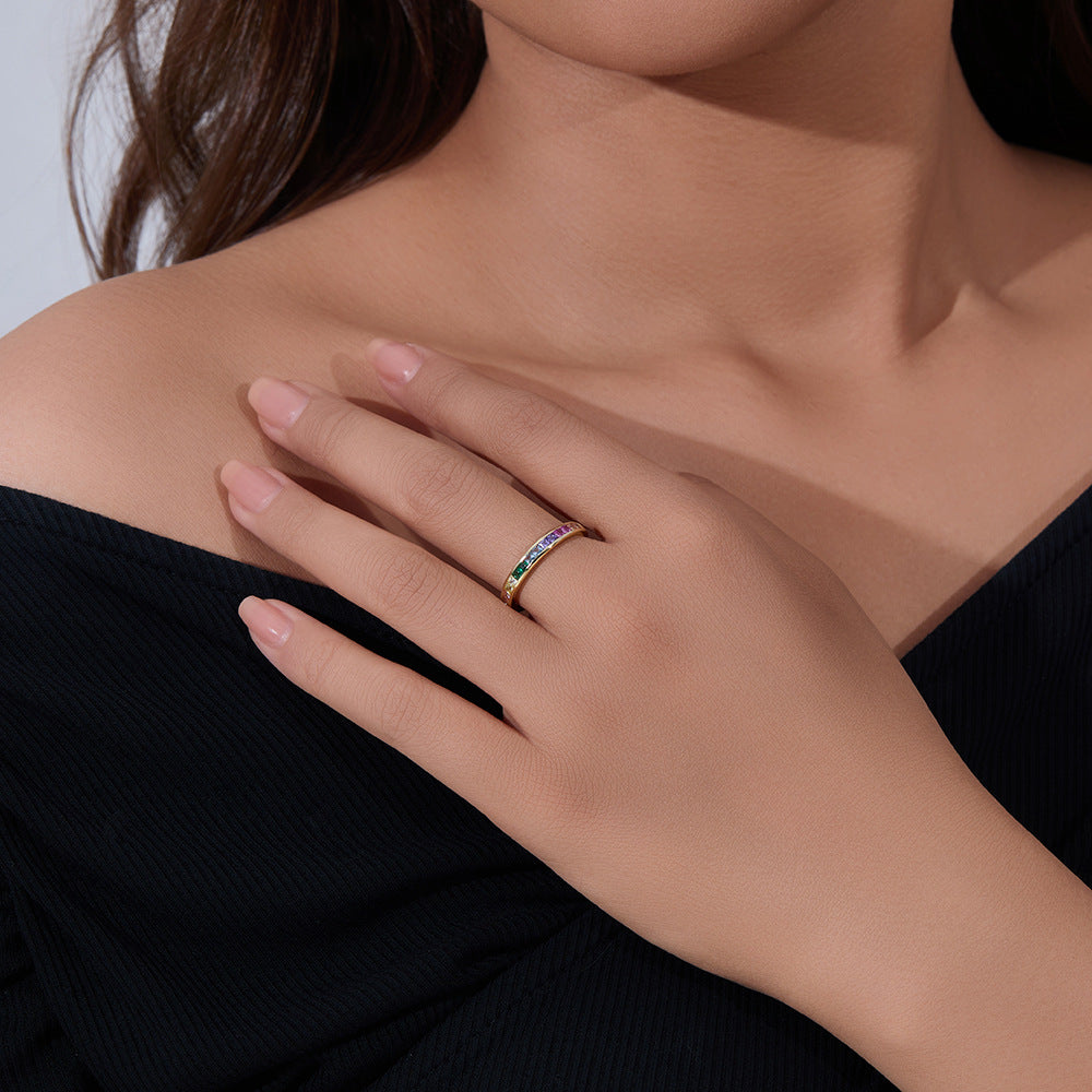 Accessories S925 Sterling Silver Micro-Inlaid Square Rainbow Zircon Ring Jewelry