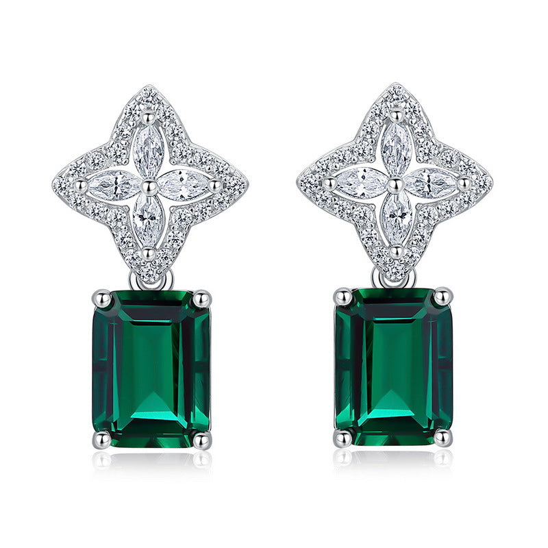 S925 Sterling Silver Lab-Grown Emerald Flower Stud Earrings