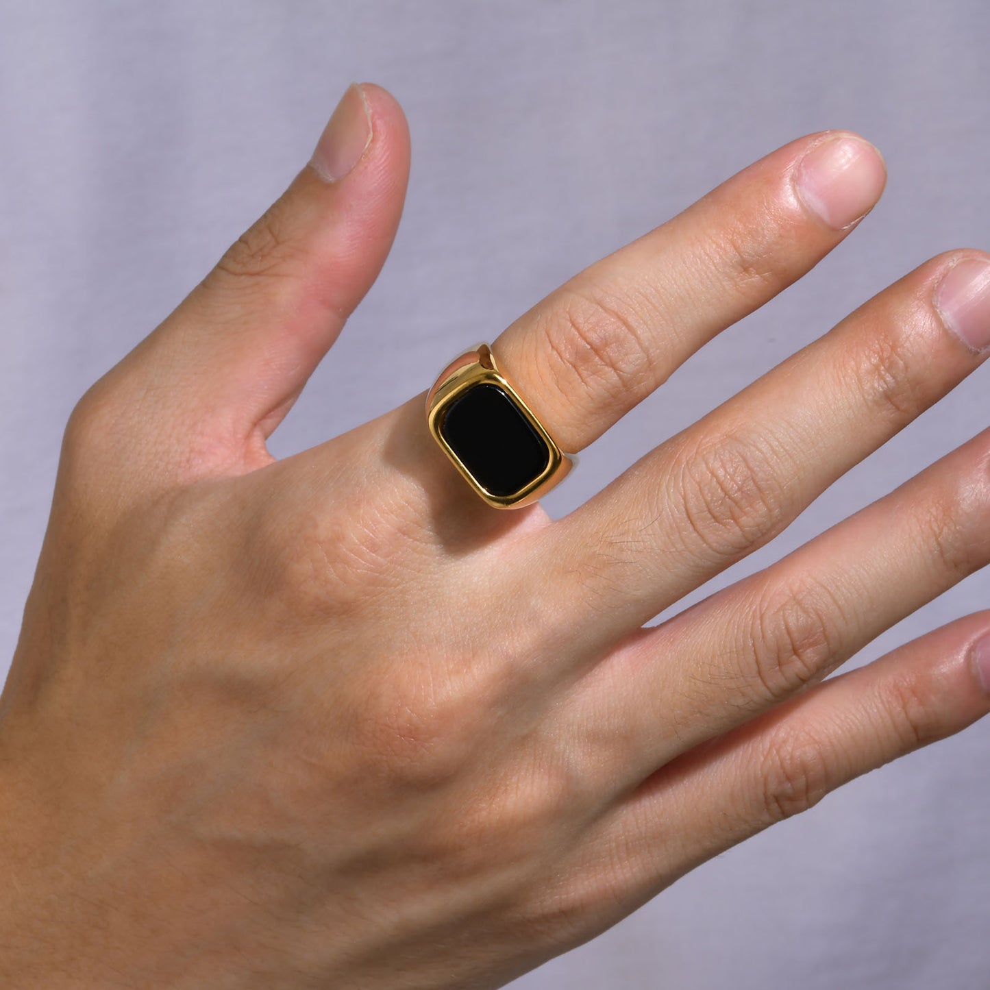 Stainless Steel Geometric Square Black Glass Stone Ring Mens