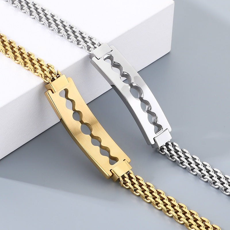 Men's Daily – Minimalist Woven Chain Curved Bar Blade Stainless Steel Bracelet Men