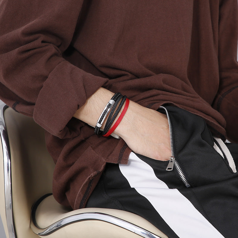 Planderful Titanium Steel Men Bracelet Multi Layer Cowhide