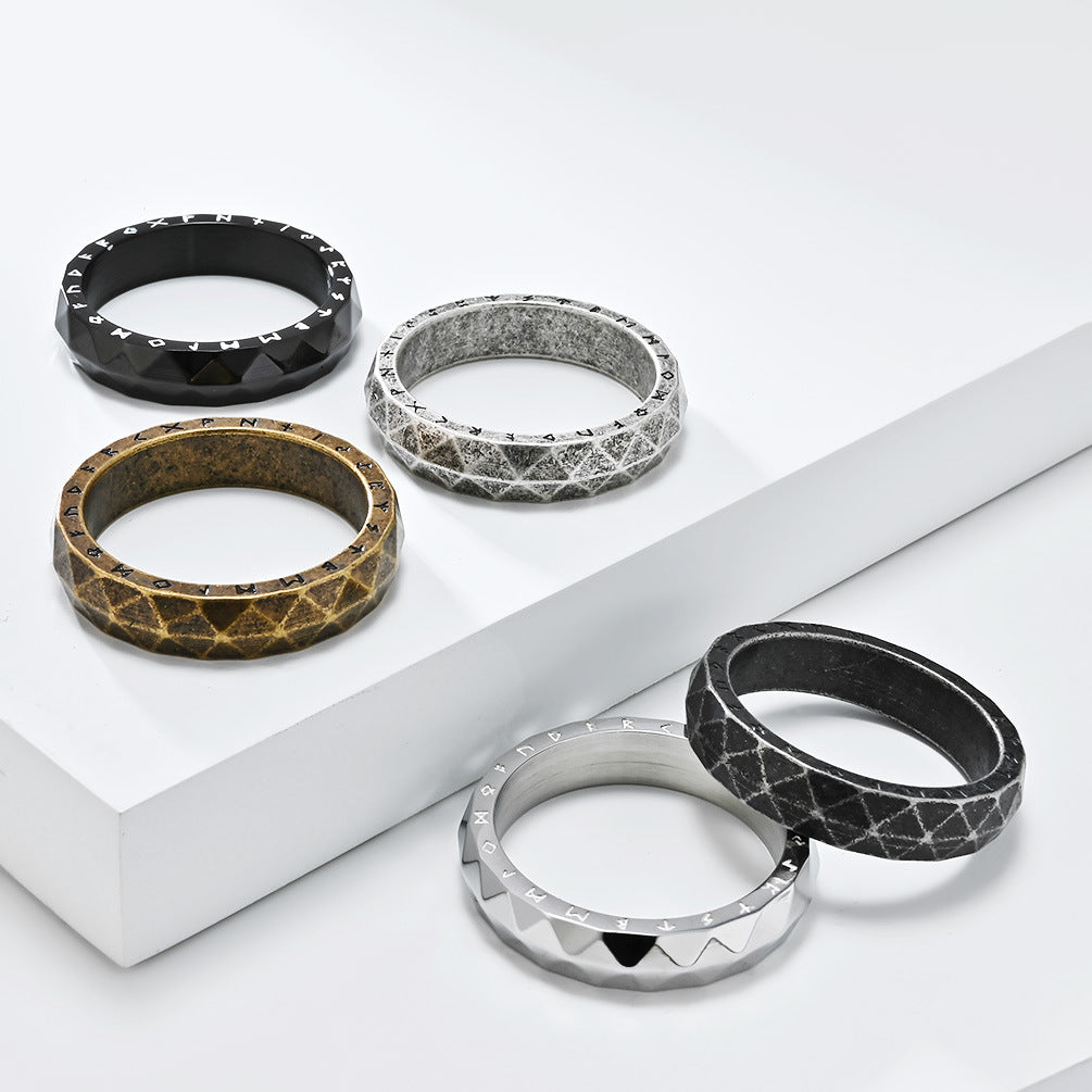Titanium Steel Ring For Mens Nordic Retro Rhombus Viking Text Design Planderful Everyday Genie